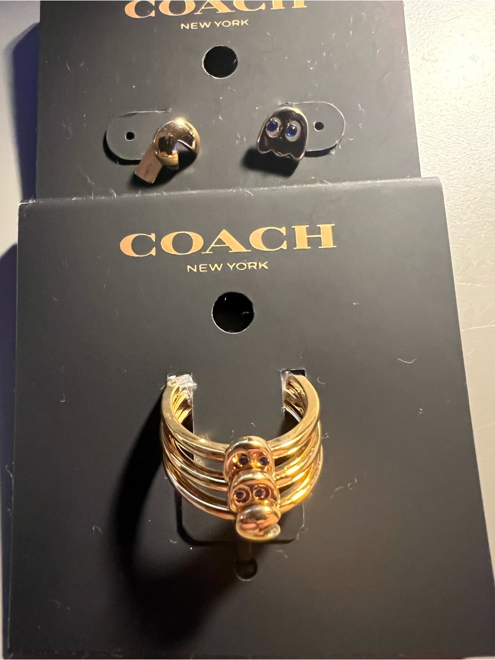 Coach Gold toned Pac-Man ring and earrings set, ring size 7.